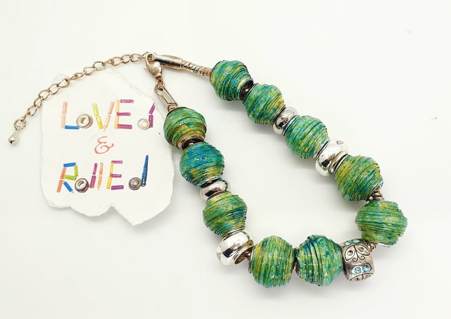Handpainted blue-green paper beaded bracelet with European style handmade beads