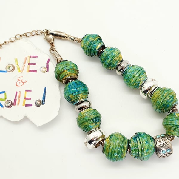 Handpainted blue-green paper beaded bracelet with European style handmade beads