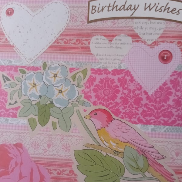 Pink flowers and bird birthday wishes greeting card