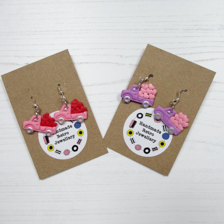 Mini trucks with hearts Valentine's earrings CHOOSE YOUR COLOUR 