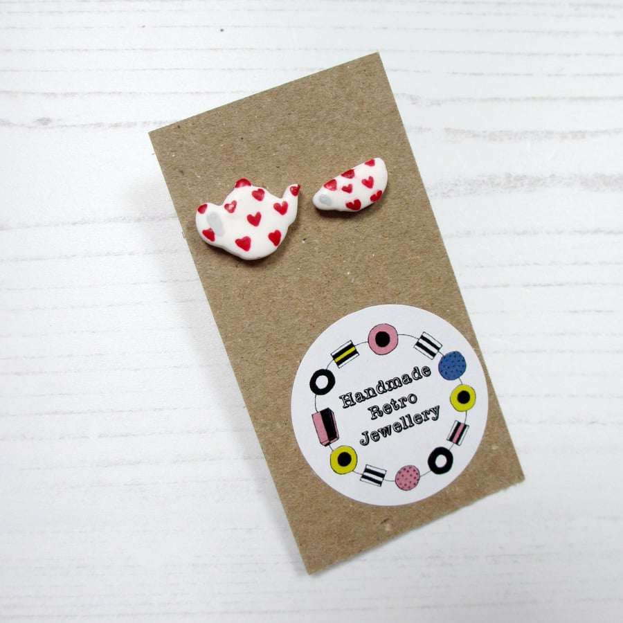 Hearts Teapot and cup stud Earrings, Valentine's Day
