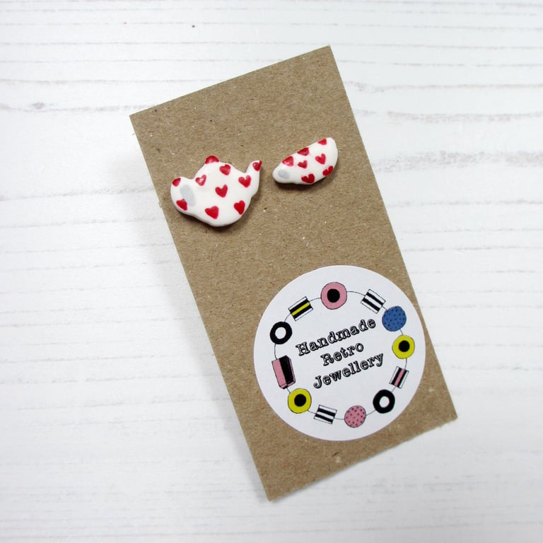 Hearts Teapot and cup stud Earrings, Valentine's Day