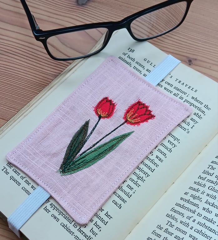 Pink Elasticated Bookmark with Embroidered Tulips
