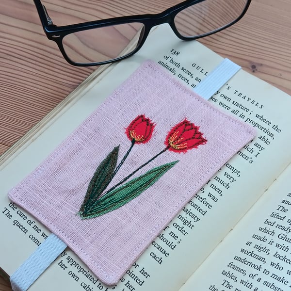 Pink Elasticated Bookmark with Embroidered Tulips