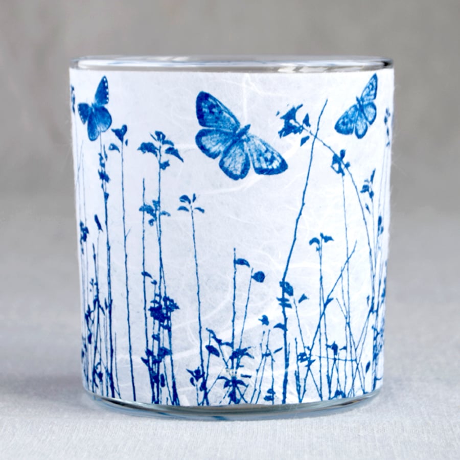 Butterfly meadow Cyanotype candle holder white & blue
