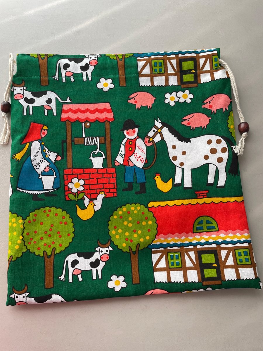 Large drawstring bag handmade in Farm and Animal Fabric