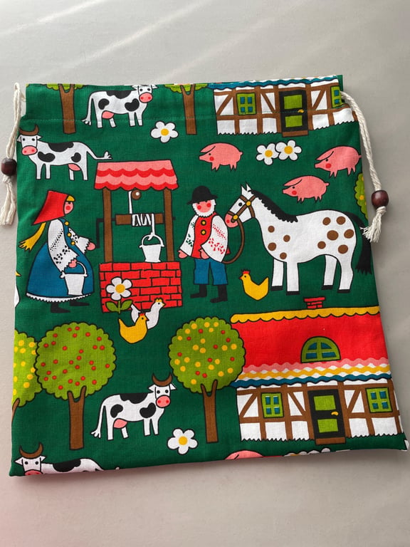 Large drawstring bag handmade in Farm and Animal Fabric
