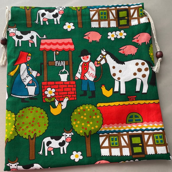 Large drawstring bag handmade in Farm and Animal Fabric