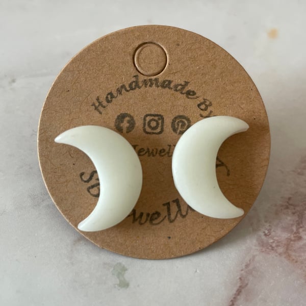 Handmade Polymer Clay Moon Studs Earrings (Glow In Dark)