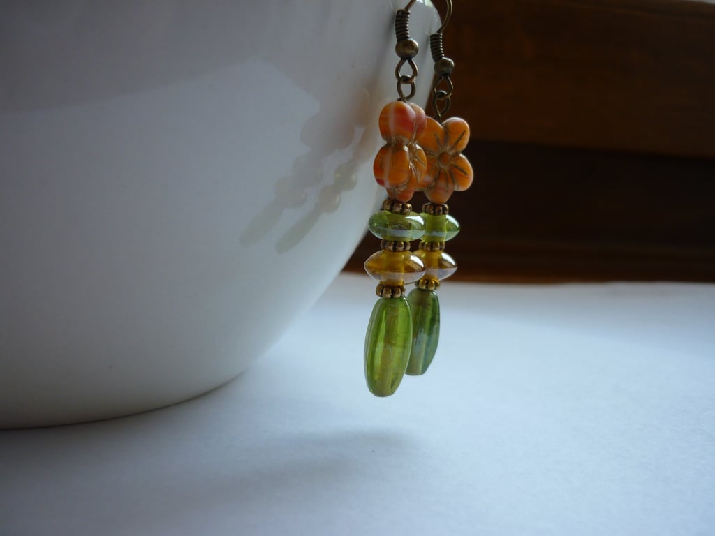 PEACH, GREEN AND BRONZE - FLOWER DANGLE EARRINGS