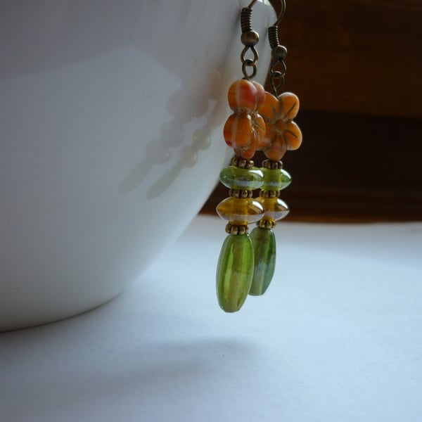 PEACH, GREEN AND BRONZE - FLOWER DANGLE EARRINGS