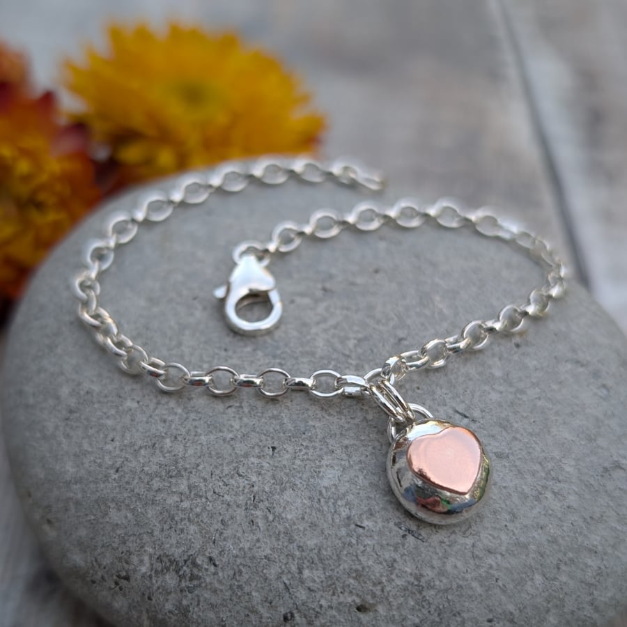 Sterling Silver Bracelet with Silver Pebble and Copper Heart Charm - JBJ5019