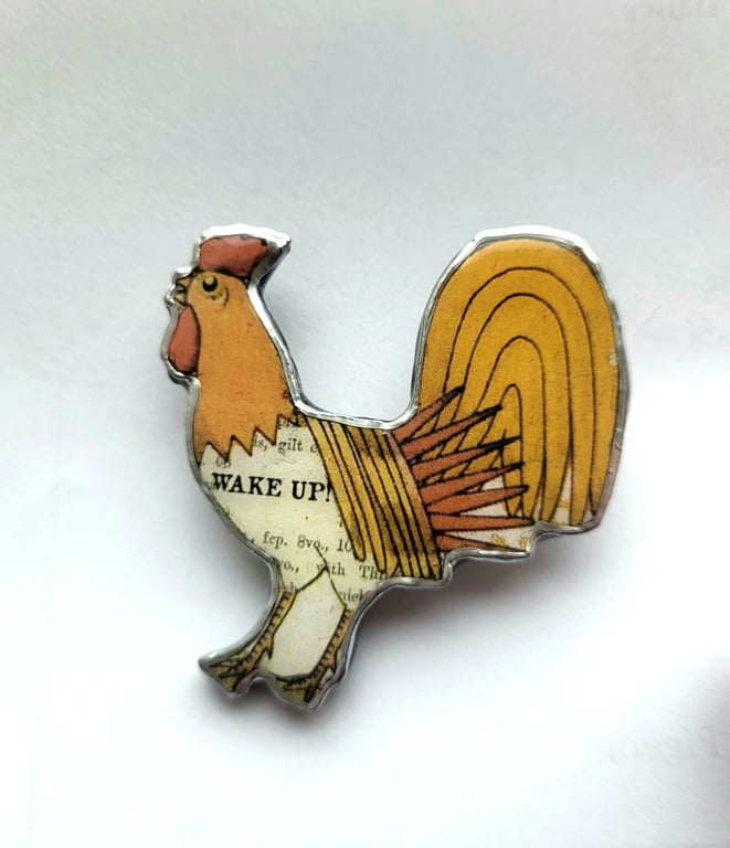 Colourful Cockerel 'Wake Up!' Resin Brooch by EllyMental