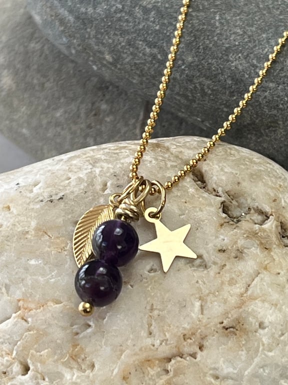 Nature Inspired Amethyst Necklace, Gold Filled Ball Chain, Purple  and Gold 