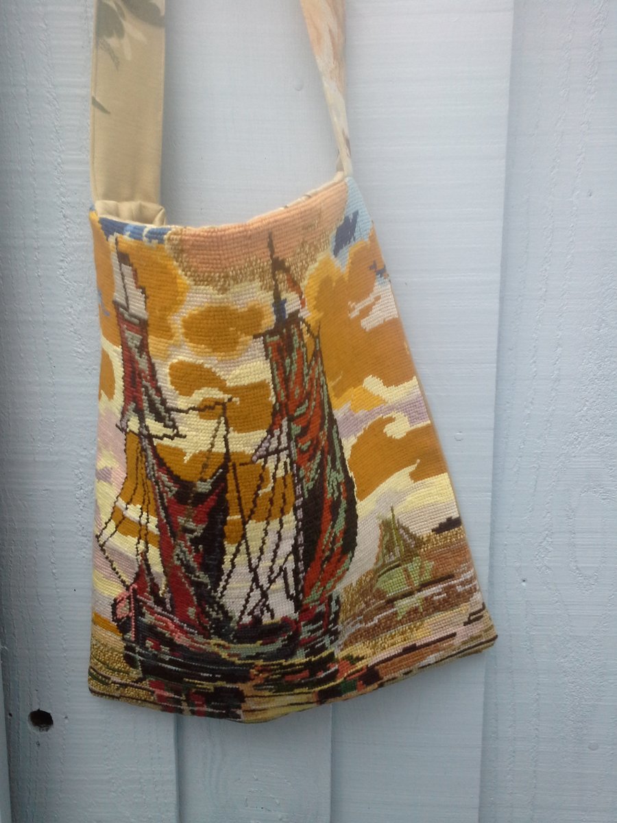 large sunset ,ship tapestry bag