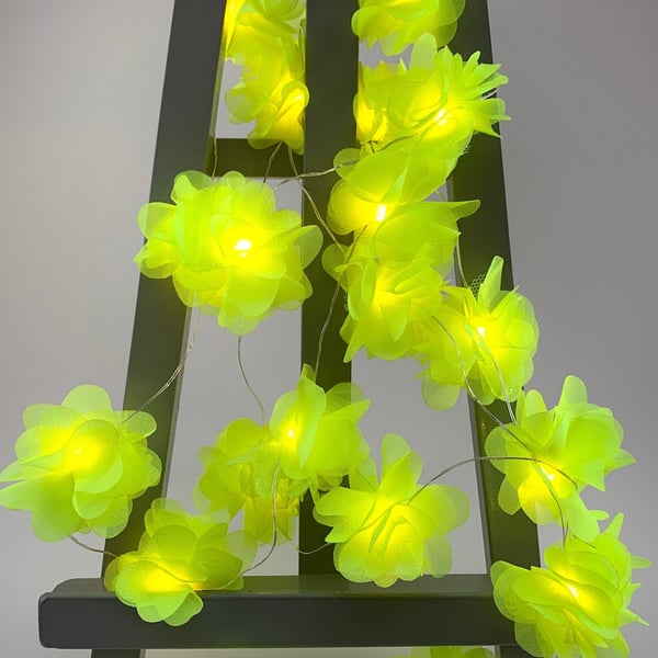 20 chiffon flower Fairy Lights in fluorescent yellow.