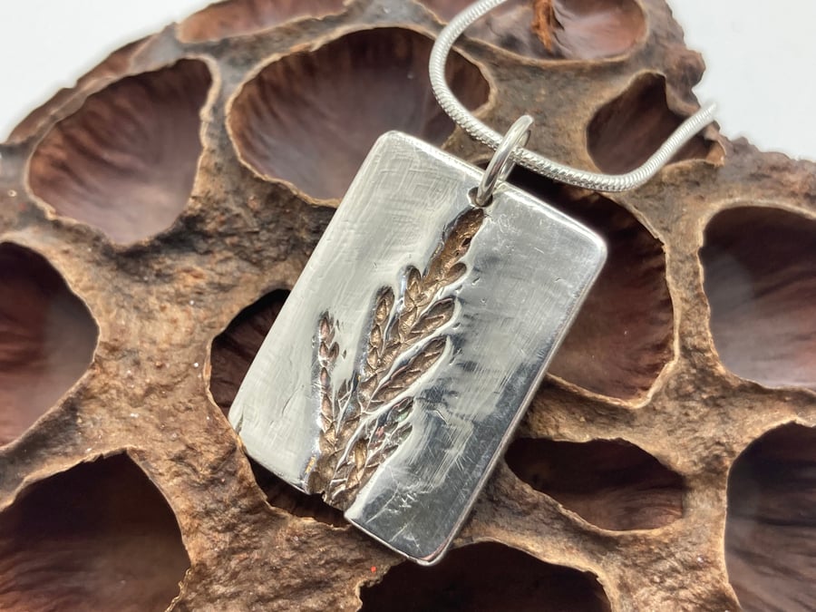 Handmade fine silver Evergreen impression pendant necklace 