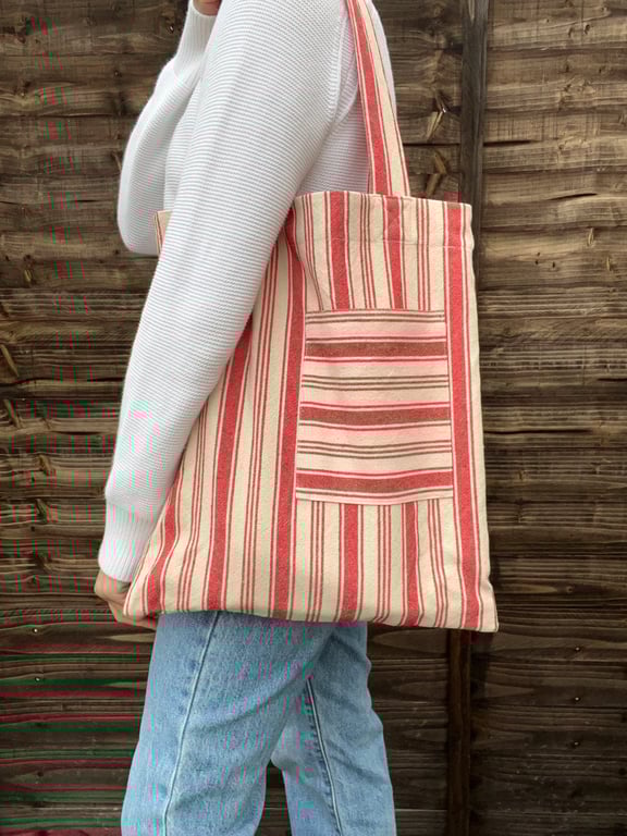 Red Striped Cotton Tote Bag