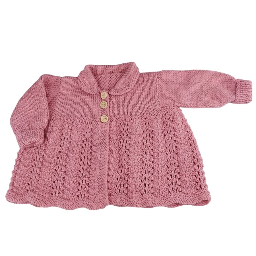 Rose pink Hand Knitted Baby Cardigan, Collared Sweater, Girls, Baby Shower Gift 