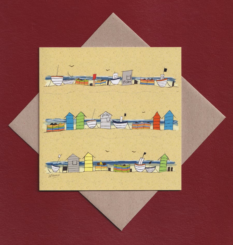Greetings card - beach huts and boats - birthday card