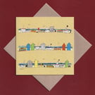 Greetings card - beach huts and boats - birthday card