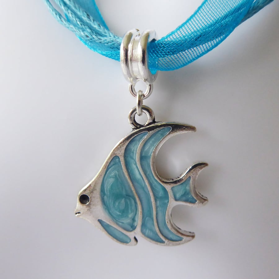 Blue Ribbon & Cord Adjustable Necklace with Blue Enamelled Angel Fish Pendant
