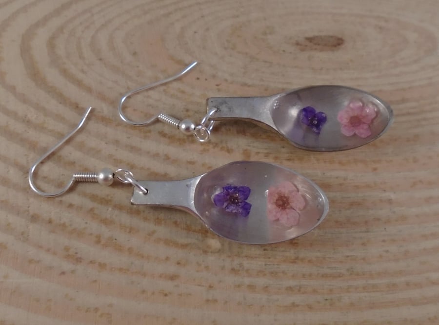 Upcycled Silver Plated Double Flower Sugar Tong Spoon Drop Earrings SPE081923