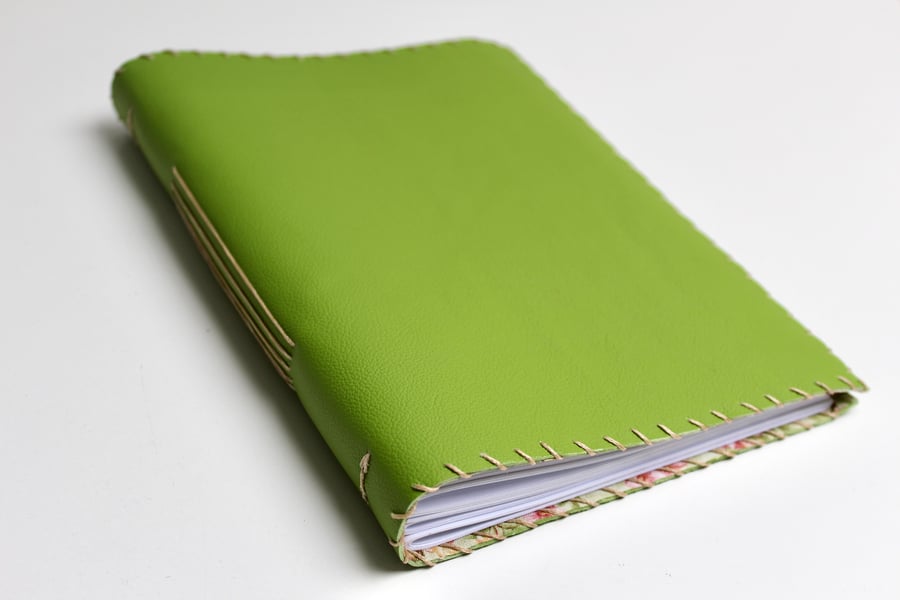 A5 Handmade Green Leather Notebook Sketchbook floral fabric lining plain paper