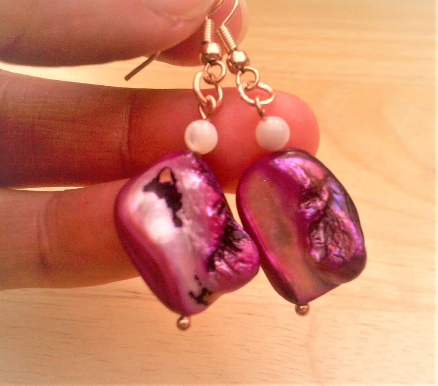 Purple Mother of Pearl Earrings, Rose Gold Plated Organic Shell Jewellery