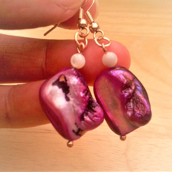 Purple Mother of Pearl Earrings, Rose Gold Plated Organic Shell Jewellery