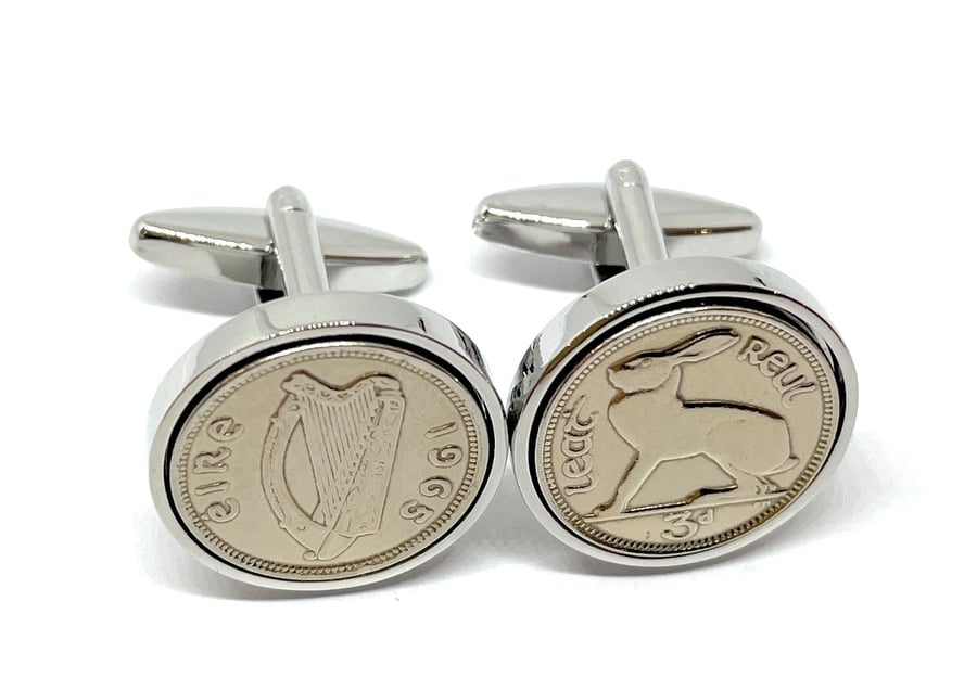 1965 Irish coin cufflinks- Great coin gift idea. Genuine Irish 3d threepence coi