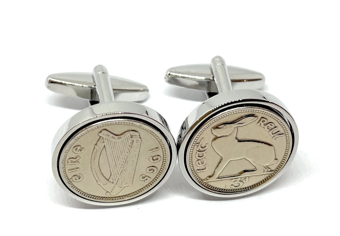 1965 Irish coin cufflinks- Great coin gift idea. Genuine Irish 3d threepence coi