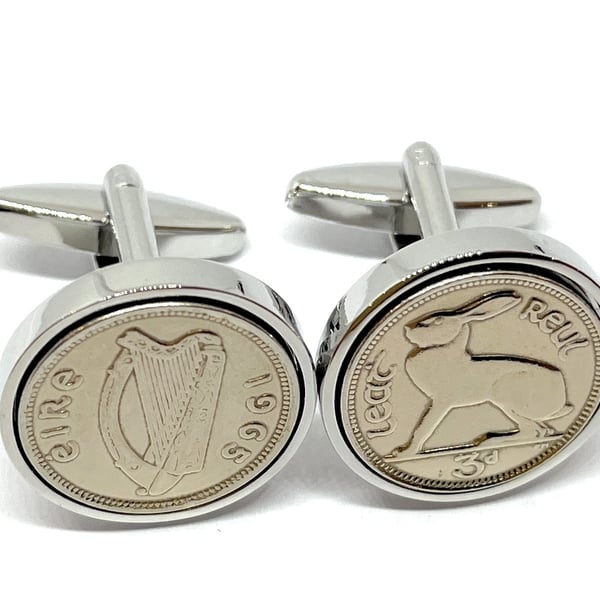 1965 Irish coin cufflinks- Great coin gift idea. Genuine Irish 3d threepence coi