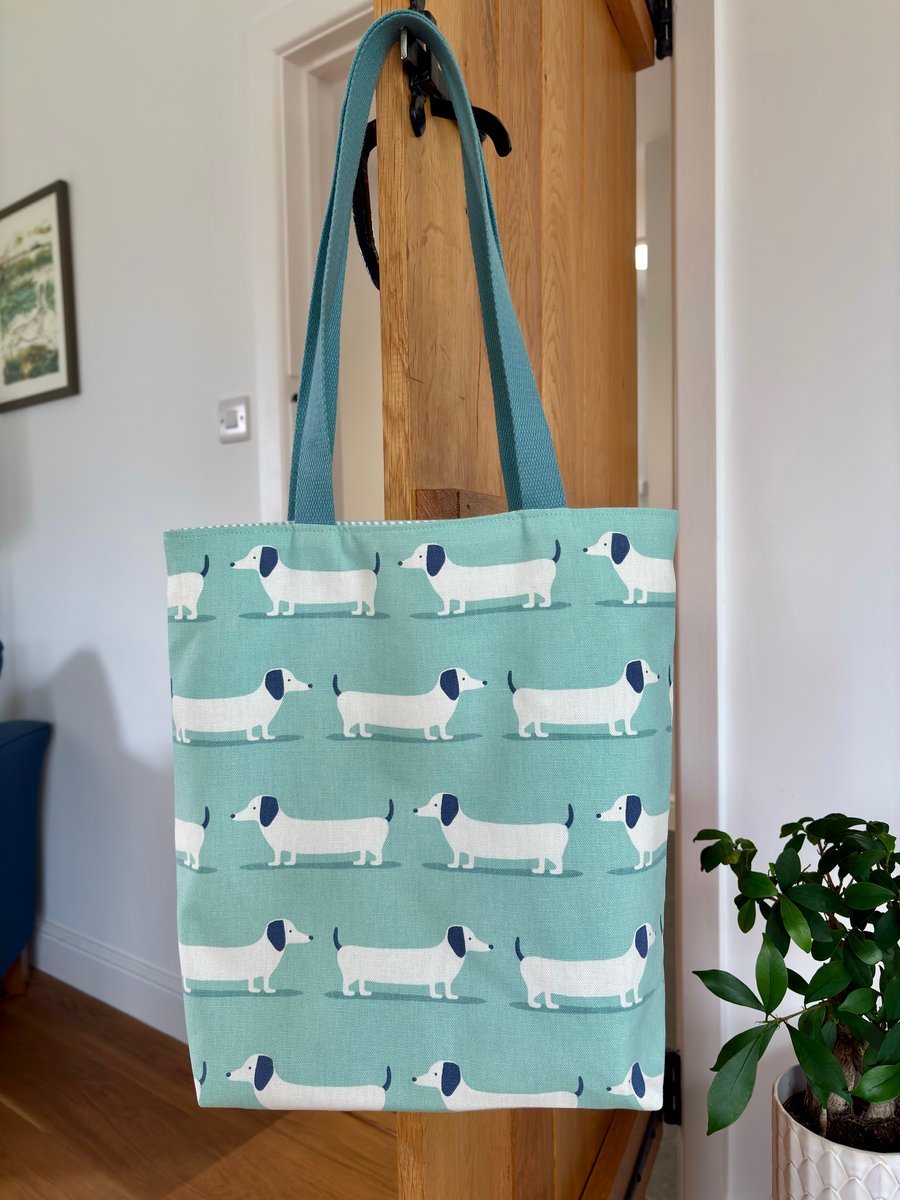Reversible tote bag, shopping bag, shoulder bag with dachshund dog print