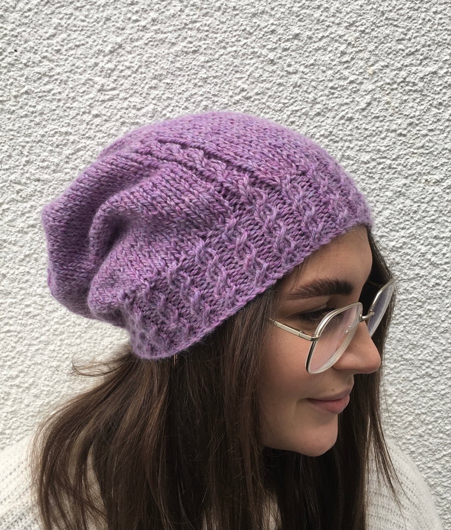 SLOUCH BEANIE hat .'Violette' . Luxurious Alpaca , Merino  blend .Purple . 