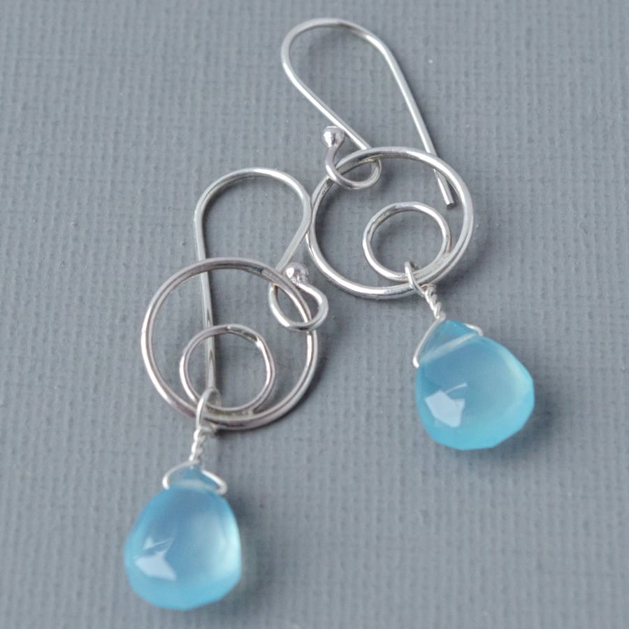Sterling Silver and Blue Chalcedony Circle Drop Earrings Moonphase Teardrops 