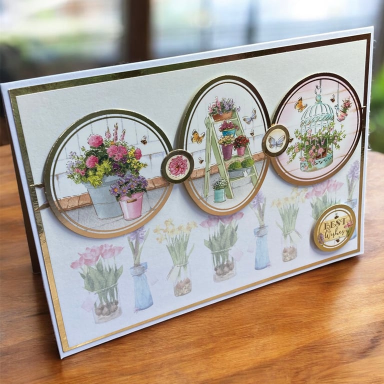 Handmade “Best Wishes” Card – Floral Blooms with a Rustic Touch