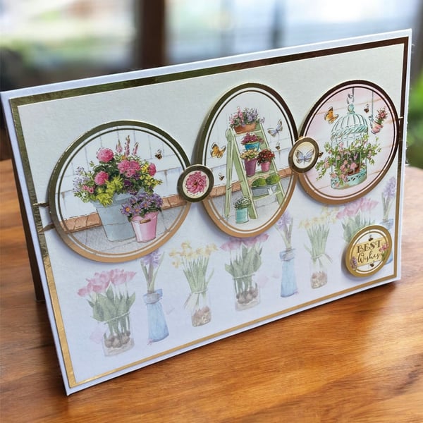 Handmade “Best Wishes” Card – Floral Blooms with a Rustic Touch