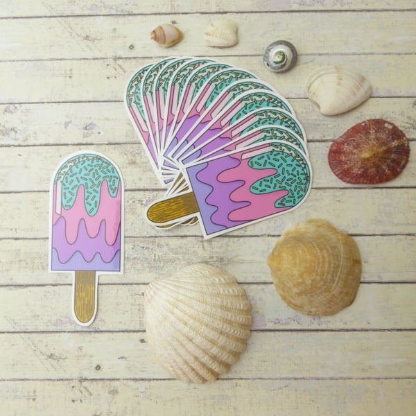 Summer Ice Lolly Vinyl Sticker, Turquoise, Purple, Pink Melting Sprinkle Lolly 