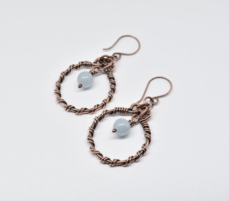 Wire Wrapped Aquamarine and Copper Hoop Earrings