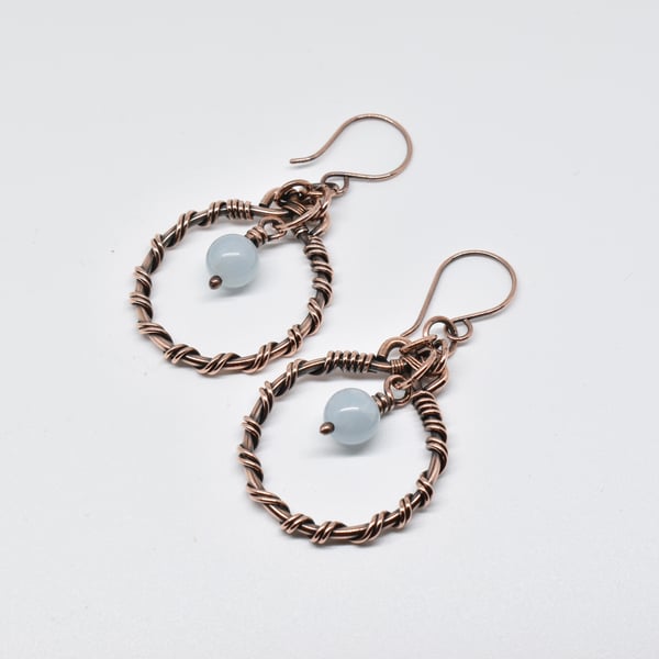 Wire Wrapped Aquamarine and Copper Hoop Earrings