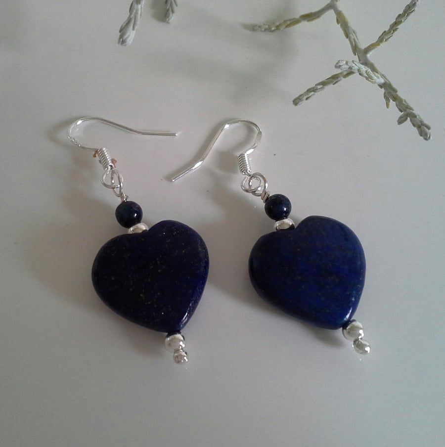 Large Lapis Lazuli Hearts Sterling Silver Earrings