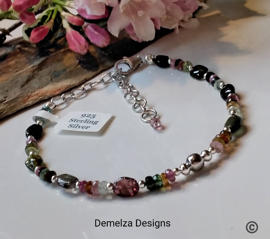 Dainty,  Watermelon Tourmaline Sterling Silver Bracelet ONE OFF