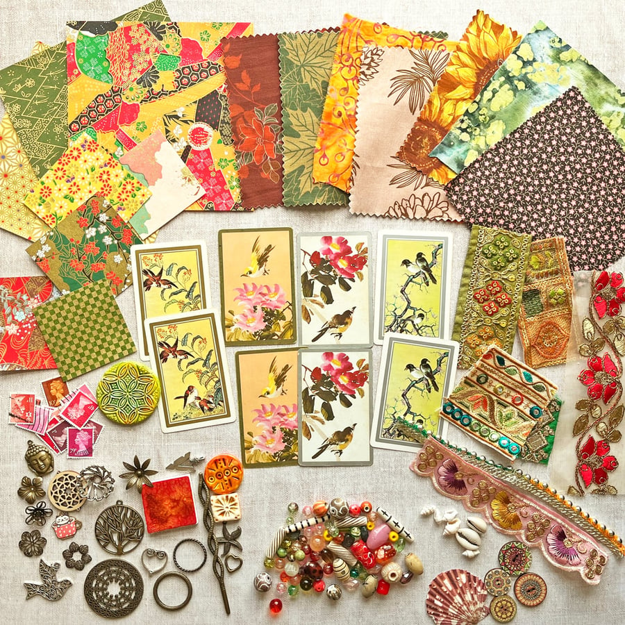 Gift for crafters, bargain mixed media craft material destash, craft kit