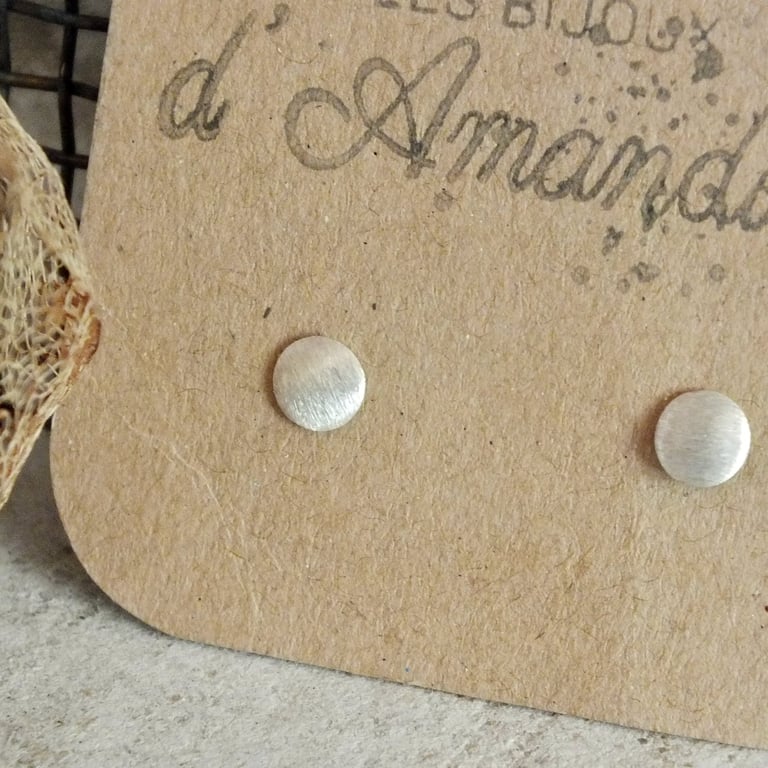 Brushed sterling silver round stud earrings; minimal everyday studs