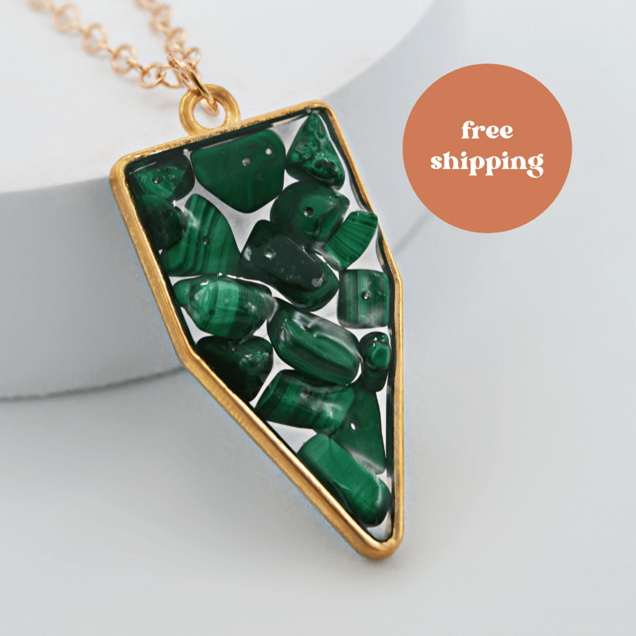 Malachite Rose Gold plated Arrowhead Worry Stone Necklace - Free Postage