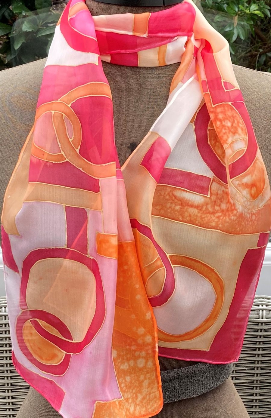 Red and orange abstract  hand  painted silk scarf 