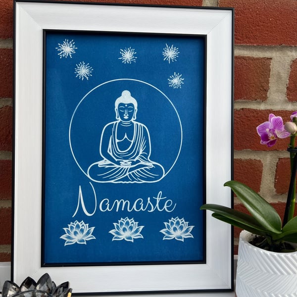 Yoga space wall art, Lotus flower and Buddha Cyanotype art