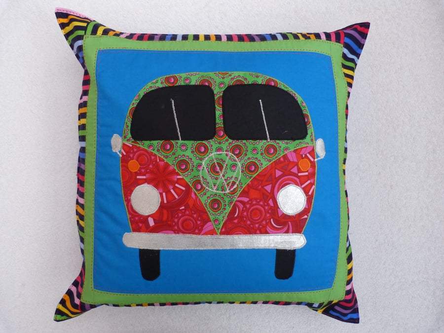 Applique VW Camper Van Cushion Cover in Blue with decorative Quilting
