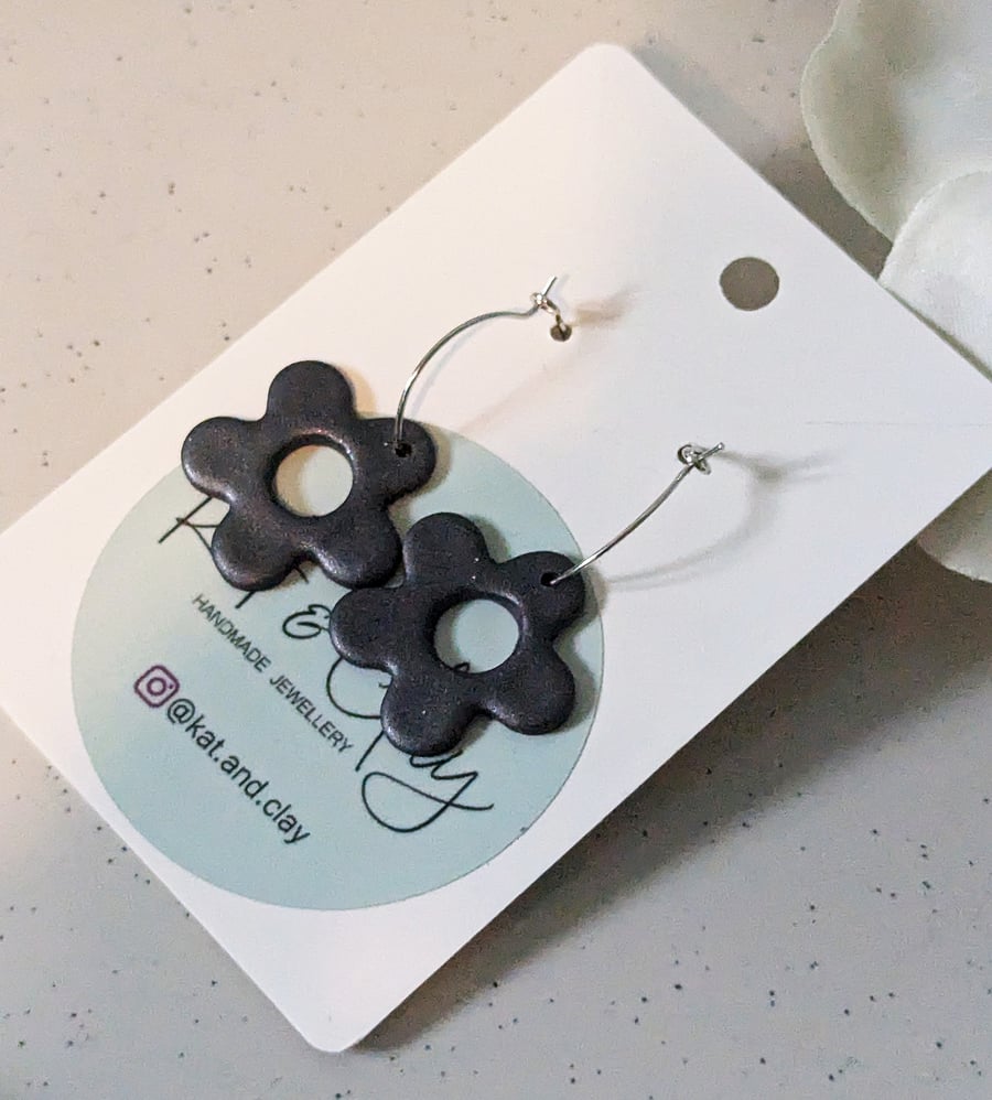 Floral Hoop Earrings - Black